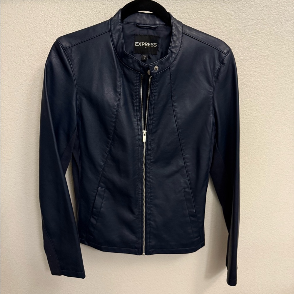 Express Blue Leather Jacket Sleek Moto Design